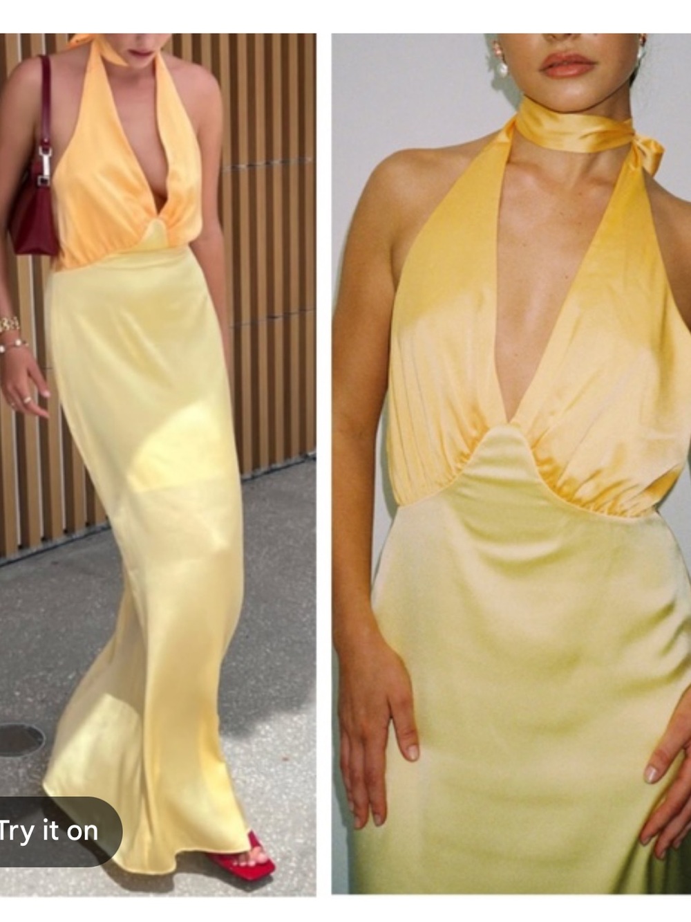 NWT THE WOLF GANG Oahu Butter yellow Slip satin maxi halter neck tie Dress sz S